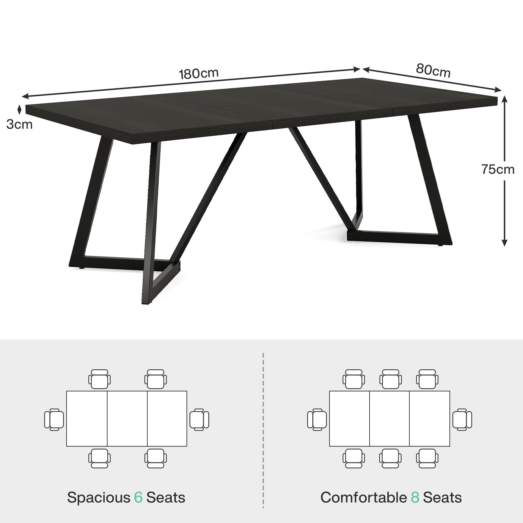 Tribesigns Grande tavolo da pranzo da 180 cm per 6-8 persone, tavolo da pranzo moderno con struttura in metallo, tavolo da cucina rettangolare per la sala da pranzo per la casa (nero)
