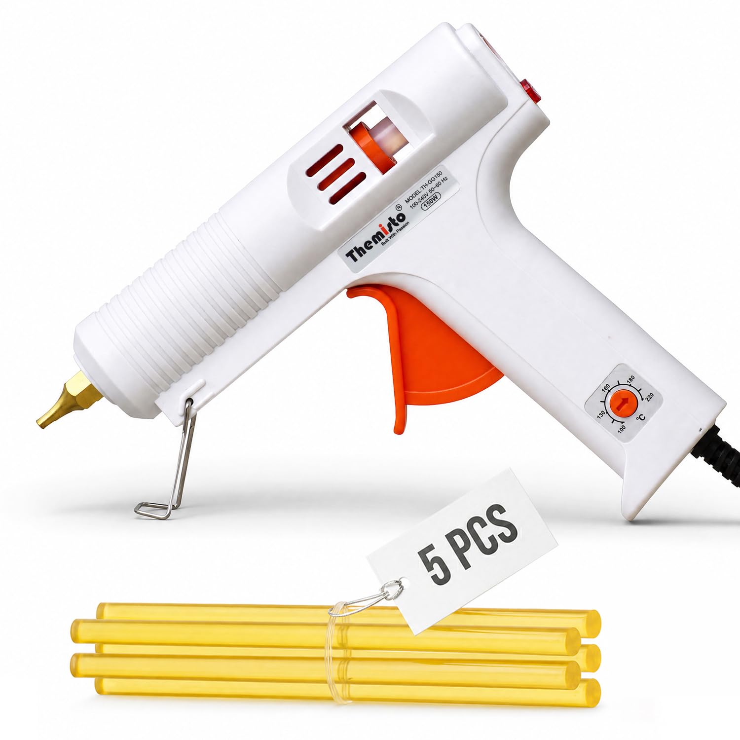 Themisto 150W Multi-Temperature Hot Melt Glue Gun with 5 Free Glue Sticks | High Power Electric Glue Gun for DIY, Craft, Repair, Wood, Plastic & Home Use (White)