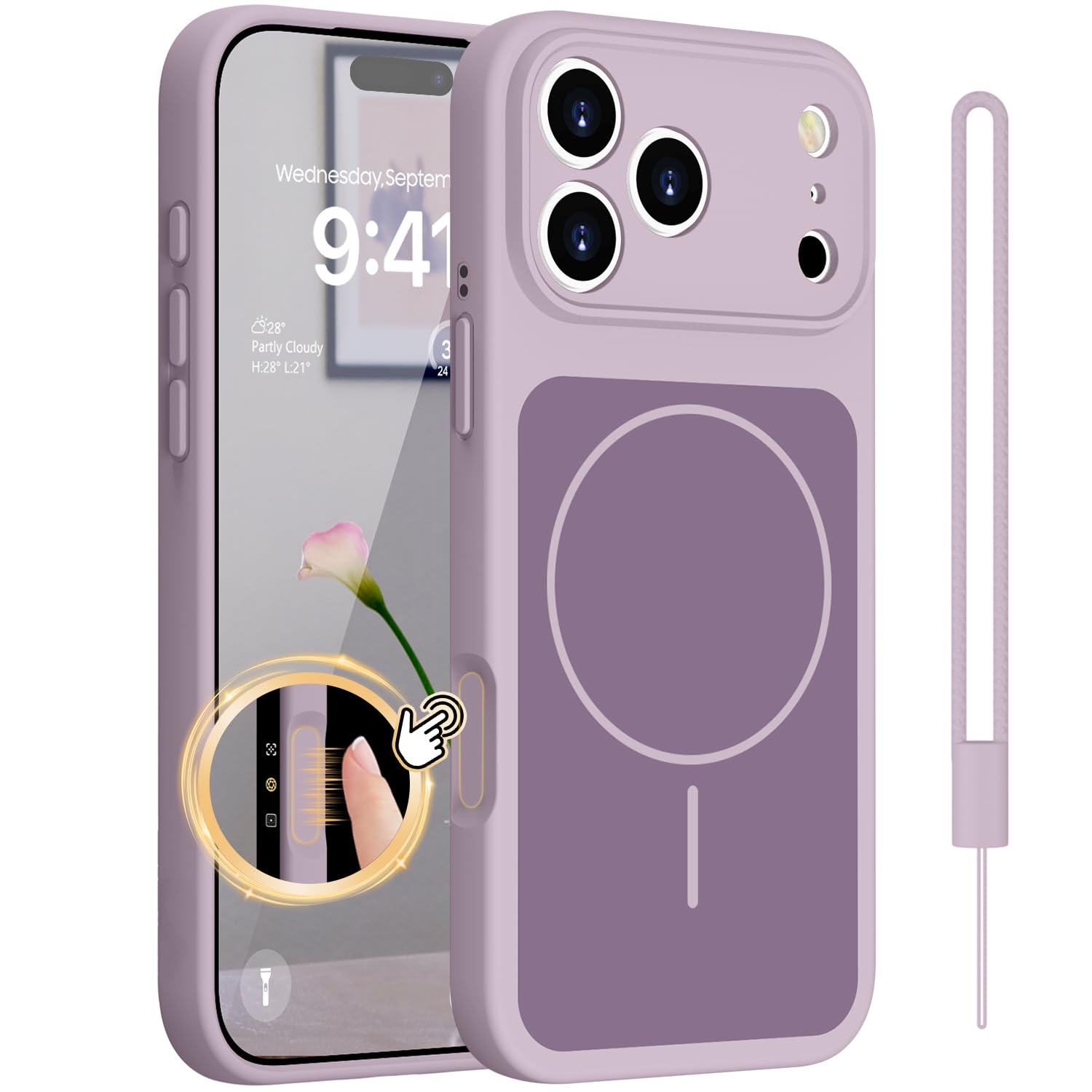 HGH Magnetisch für iPhone 17 Pro Max Hülle Kompatibel mit Magsafe mit Lanyard, integrierter Silikon-Kamerasteuerungsschutz, Fallschutz Anti-Fingerabdruck Hülle für iPhone 17 Pro Max Case,Lila