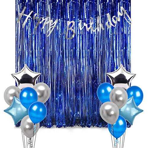 Image of Party Propz 17Pcs Blue And Silver Birthday Decoration Items | Birthday Balloons For Decorations | Happy Birthday Banner(Cardstock)| Foil Curtain for Birthday Decoration