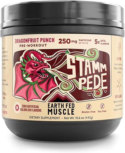 Earth Fed Muscle Stammpede DragoFruit Punch Pre entrenamiento, 30 porciones, aumenta la energía, aumenta la resistencia y el enfoque, beta-alanina,