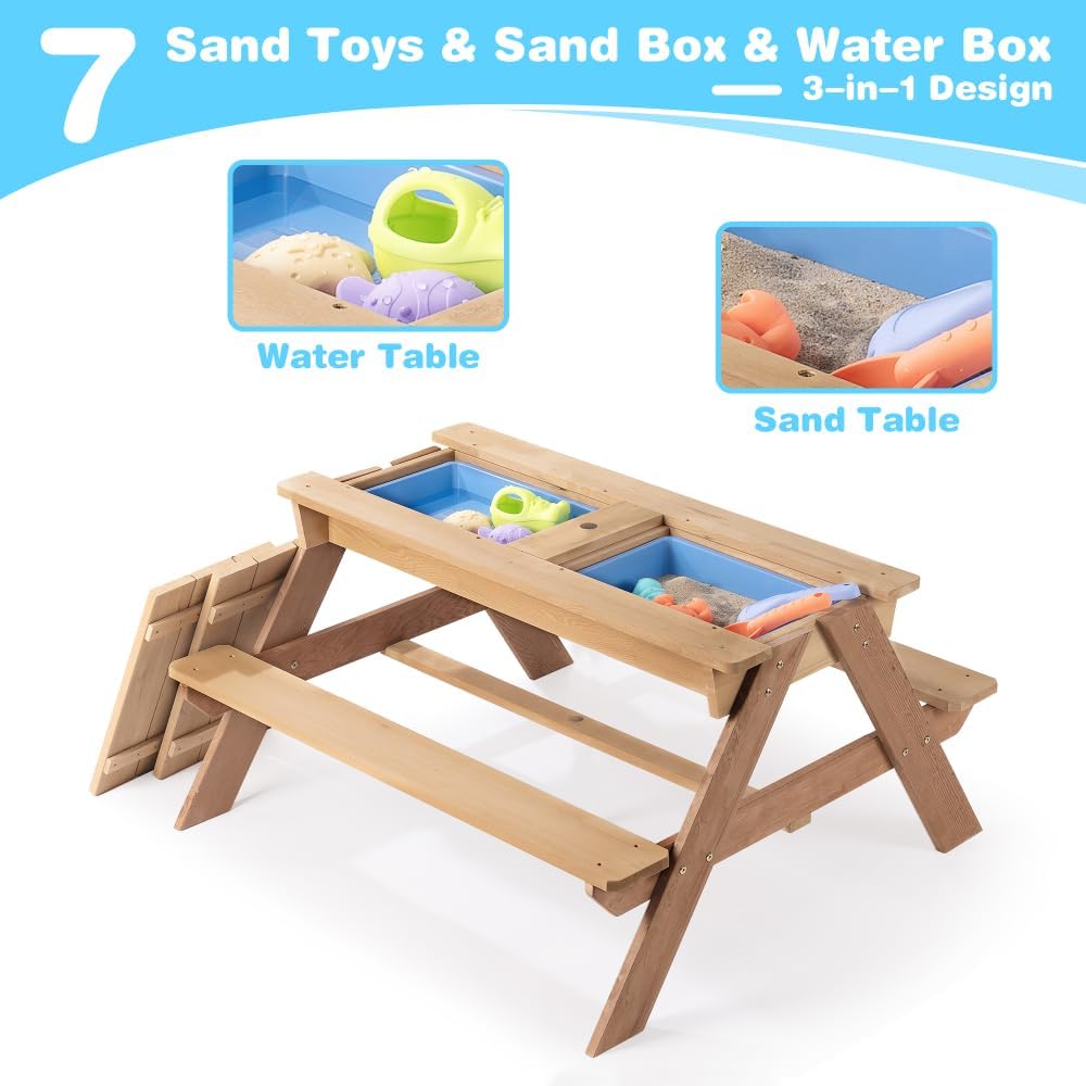 Outdoor Kids Picnic Table with Adjustable Umbrella – Solid Cedar Wood 3-in-1 Activity Table for Sand, Water & Crafts, Ages 3+ (Wooden Picnic Table-1)