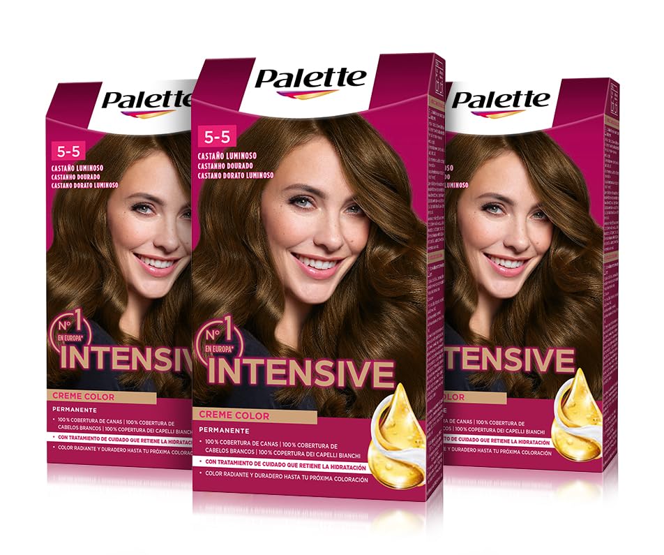 Palette Intensive Creme Color 5-5 Castaño Luminoso , tinte permanente con aceite de macadamia y almendras, cubre el 100% de las canas y raíces, para un pelo radiante, Pack 3