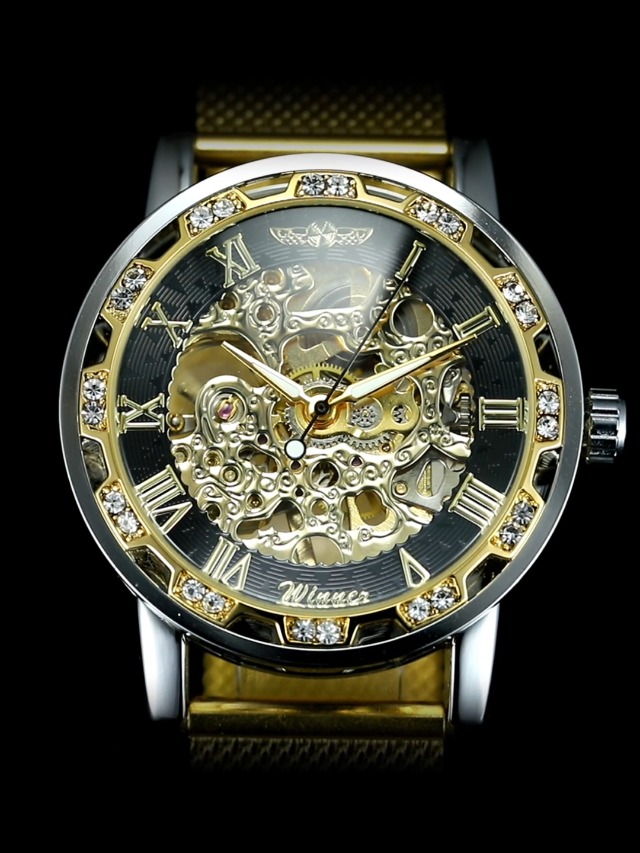 Winner Retro Manual Mechanical Skeleton Watch with Diamond and