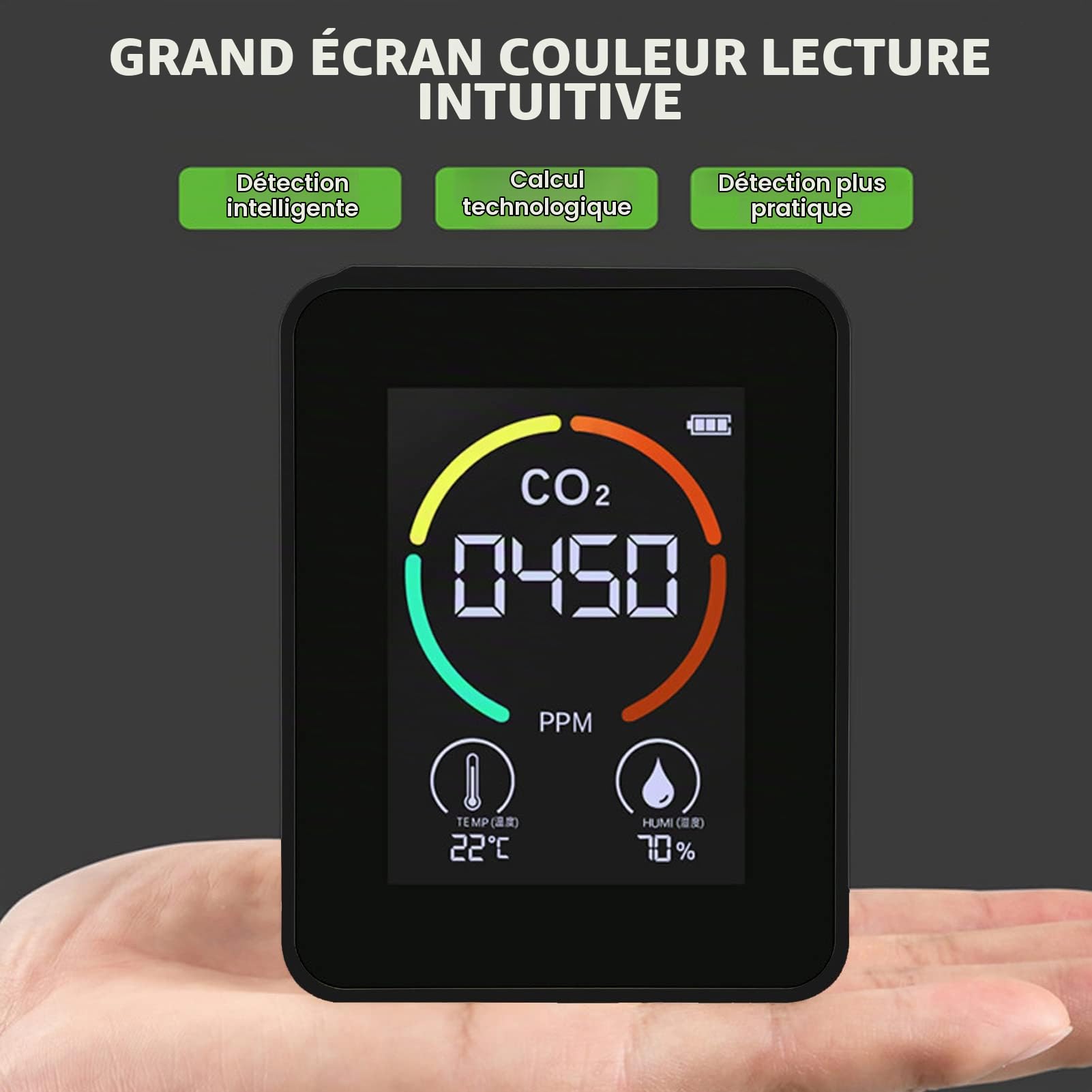 Détecteur de CO2, Testeur TVOC USB Détecteur de CO2 Intérieur Moniteur de qualité de L'air Testeur Thermomètre Hygromètre pour la Maison