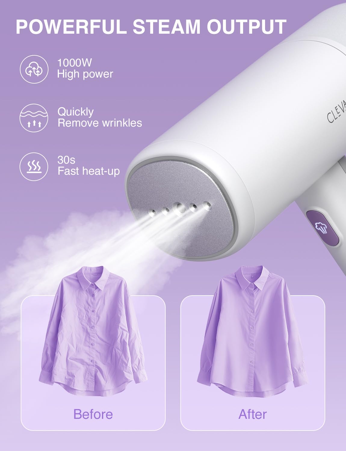 CLEVAST Dampfglätter - Tragbarer faltbarer Reisesteamer mit 1000W & 150ml Tank, 30S Sekunden Schnellaufheizung, inklusive Bürste als Faltenentferner für Zuhause und unterwegs (23.6 * 7.4 * 7.9 cm)