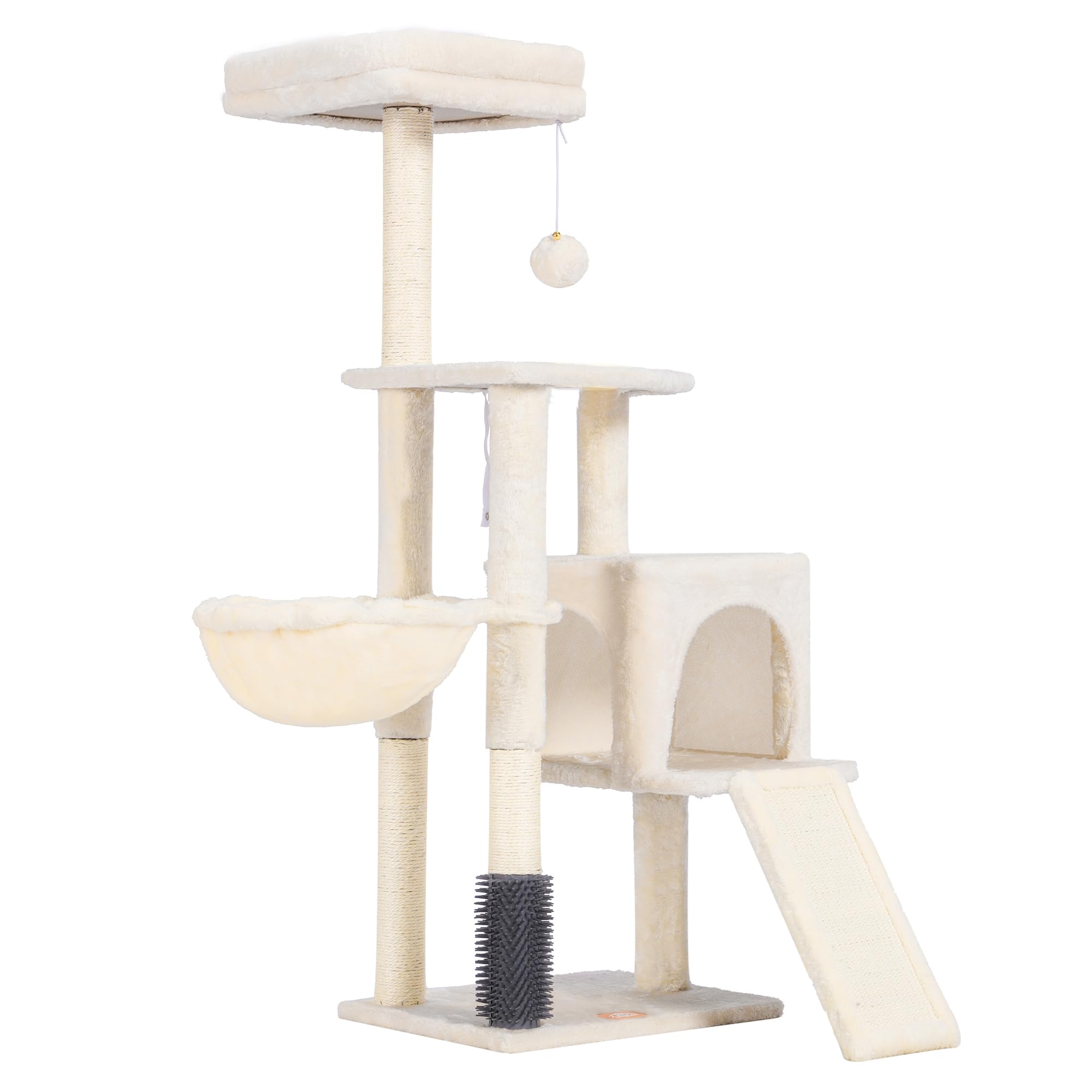 Heybly Arbre à Chat, Brosse de Nettoyage Automatique, Arbre à Chat Domestique Robuste avec Peluche Polie, Chaise Longue, Bac à Litière avec Panneaux et Griffoir, Beige HCT005SM