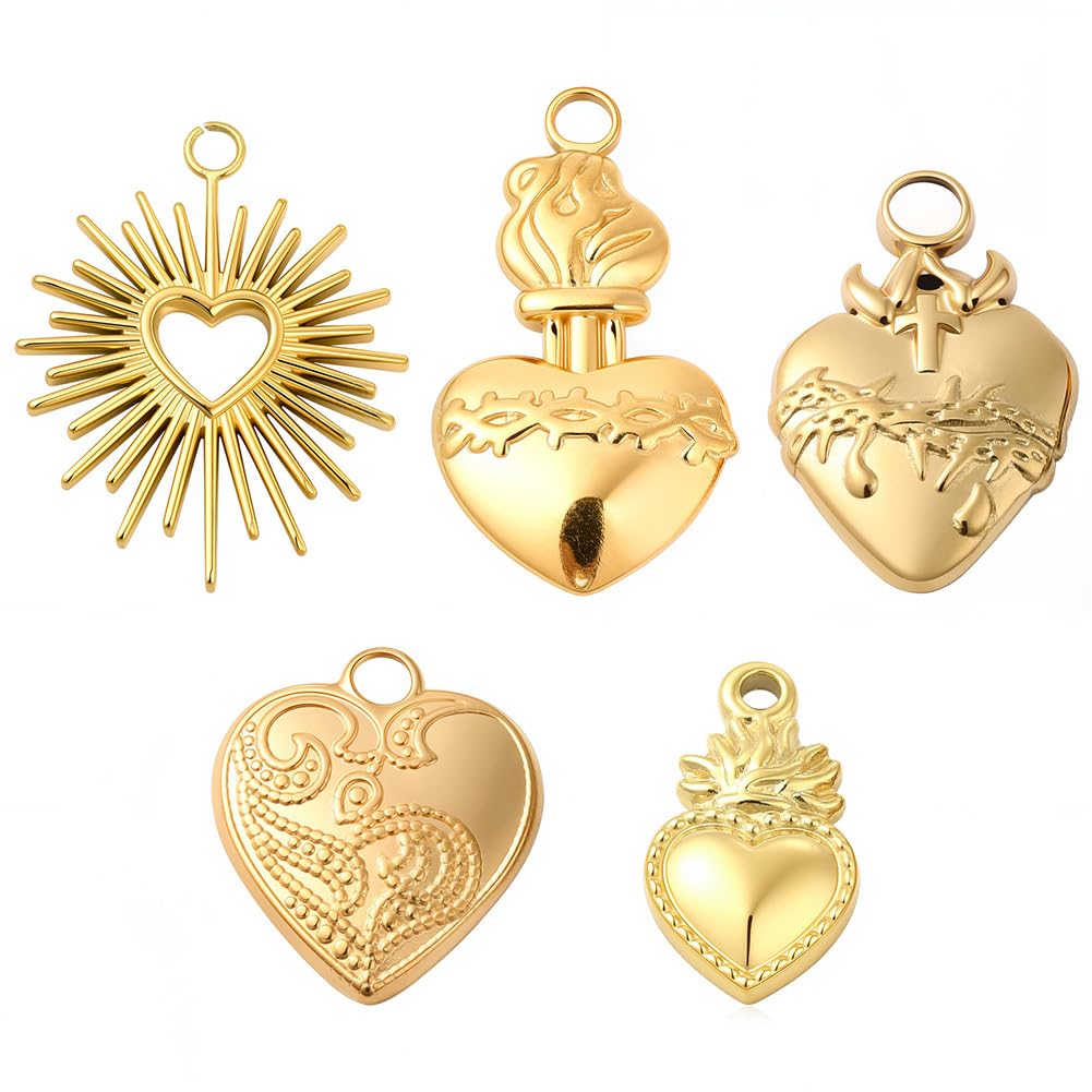 SUNNYCLUE 1 Box 10Pcs Real 18K Gold Plated Stainless Steel Charms Valentines Day Sacred Heart Charms Crown of Thorns Hearts Devotion Love Metal for jewellery Making DIY Craft