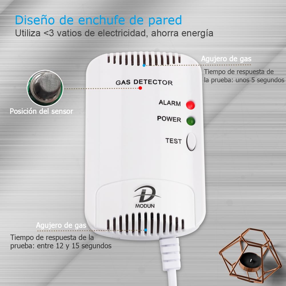 D MODUN - Detector de Gas, Fugas de Gas Natural/LPG/gas de Carbón, Monitor de Metano Propano Butano, Advertencia de luz Estroboscópica 100dB, Alarma de gas enchufable adecuado para Cocina, RV, Garaje