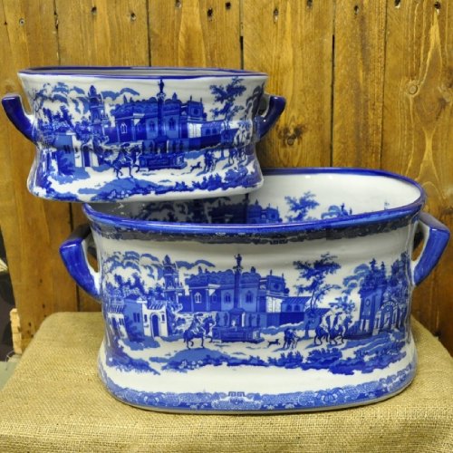 Set 2 Vintage Look Ceramic Blue & White Foot bath Planters