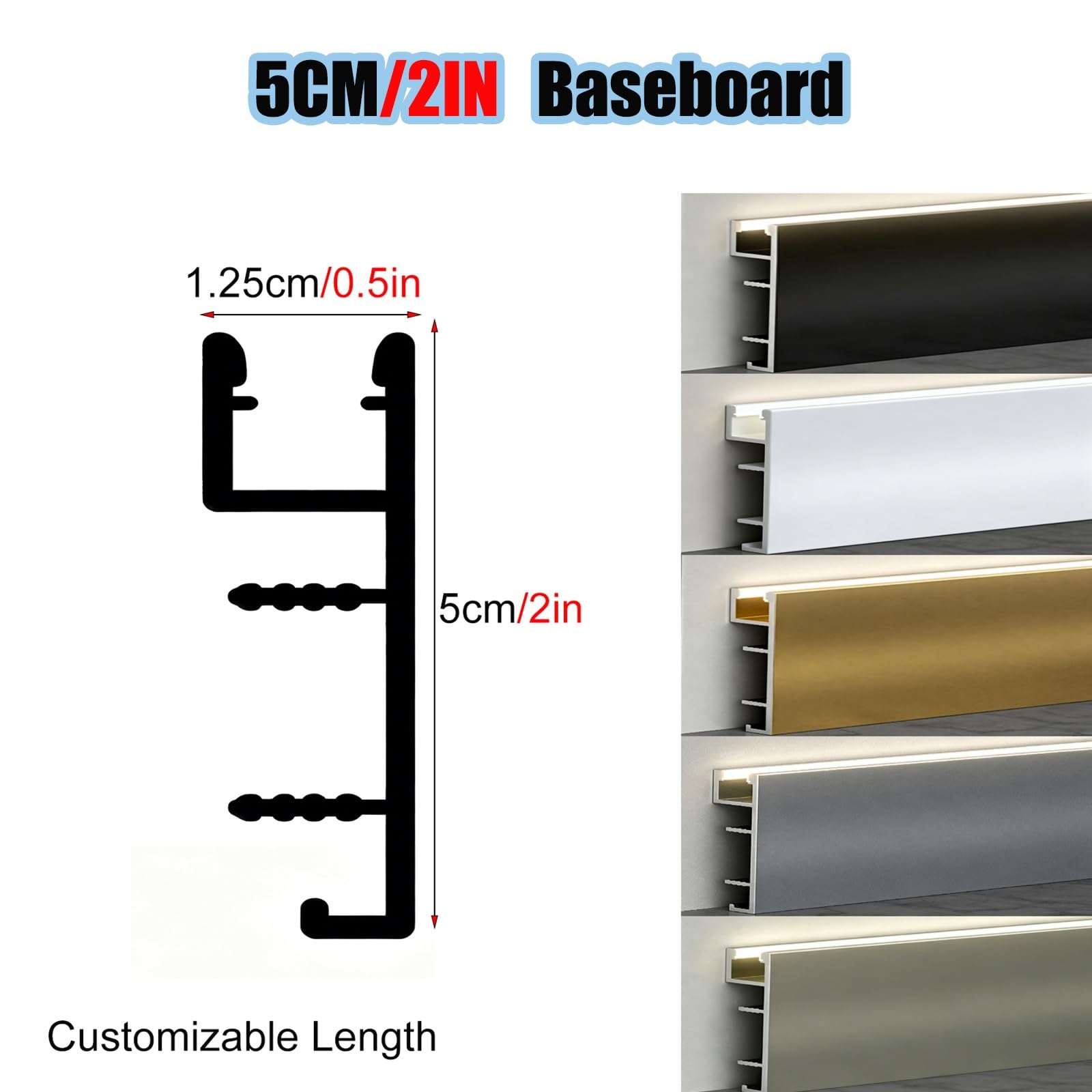 battiscopa Battiscopa Led Canale In Alluminio, 0,8 1 1,5 2 2,5 M Base Bianca Modanatura Pavimento Trim Con Kit Di Installazione, Battiscopa(1.2 m/4 ft)