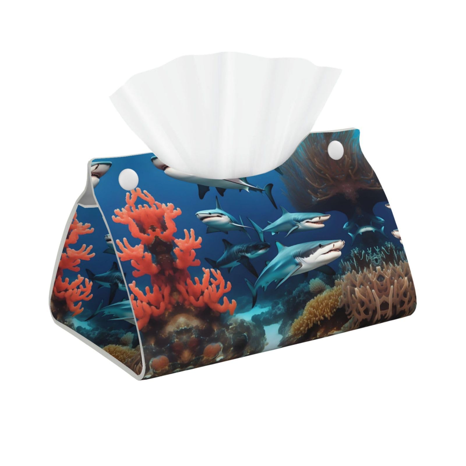 Submarine Shark Coral Print Long Tissue Box Cover Holder Foldable Leather Organizer for Vanity, Nightstand, Desk & Bathroom