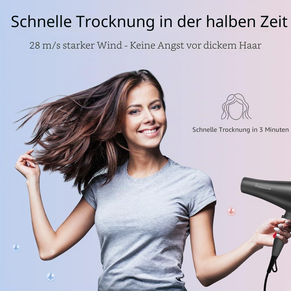 Faszin Professioneller Ionen-Haartrockner, Haartrockner mit Diffusor, leistungsstarker professioneller Haarfon, Triple-L plus widerstandsfähiger Hairdryer (mattgrau)