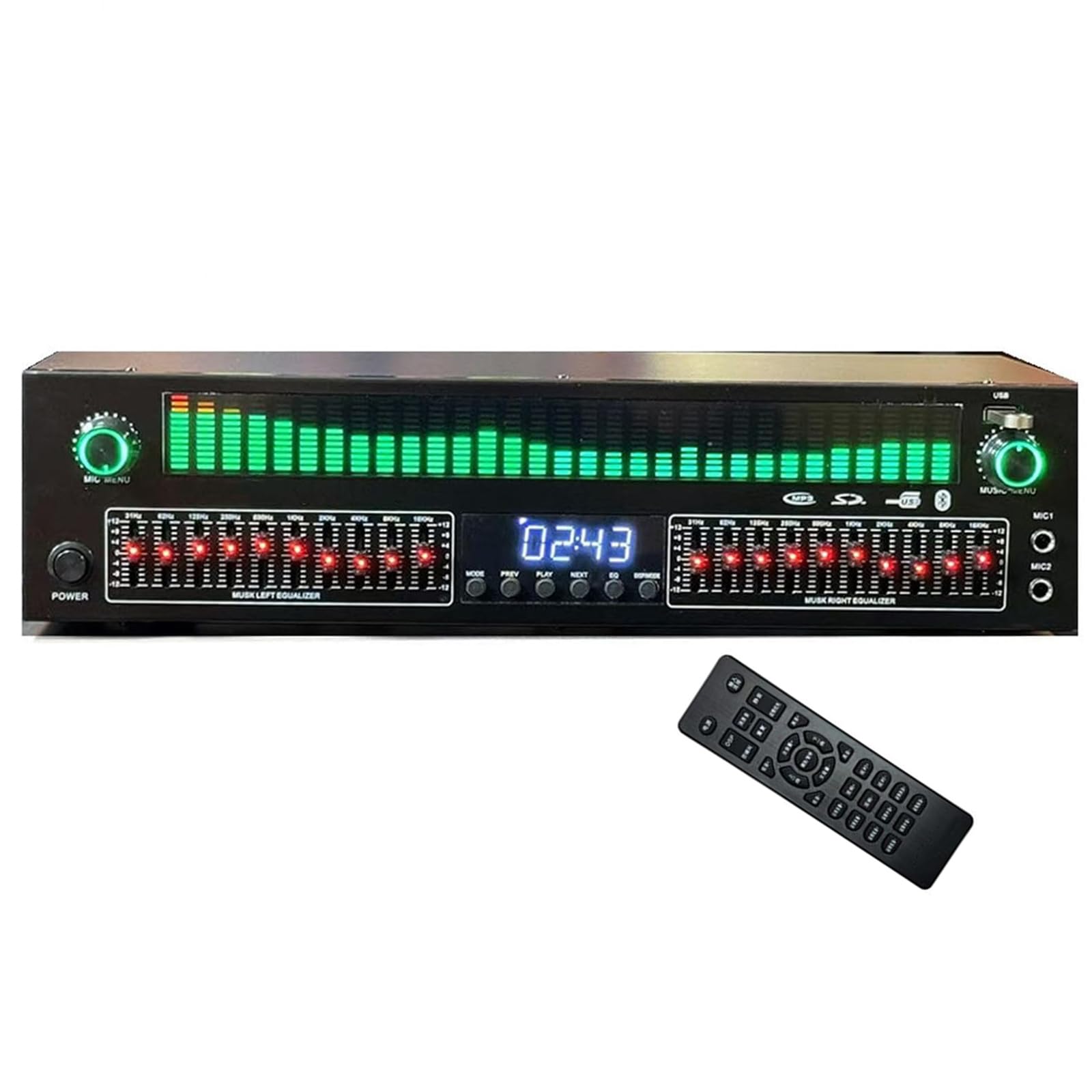 31-band Digital Equalizer, Stereo Audio Graphic Eq, Double 10 Segment Independent Tuning, 12 Rhythm Patterns, Bluetooth Optical Coaxial Input, For Recording Studio green