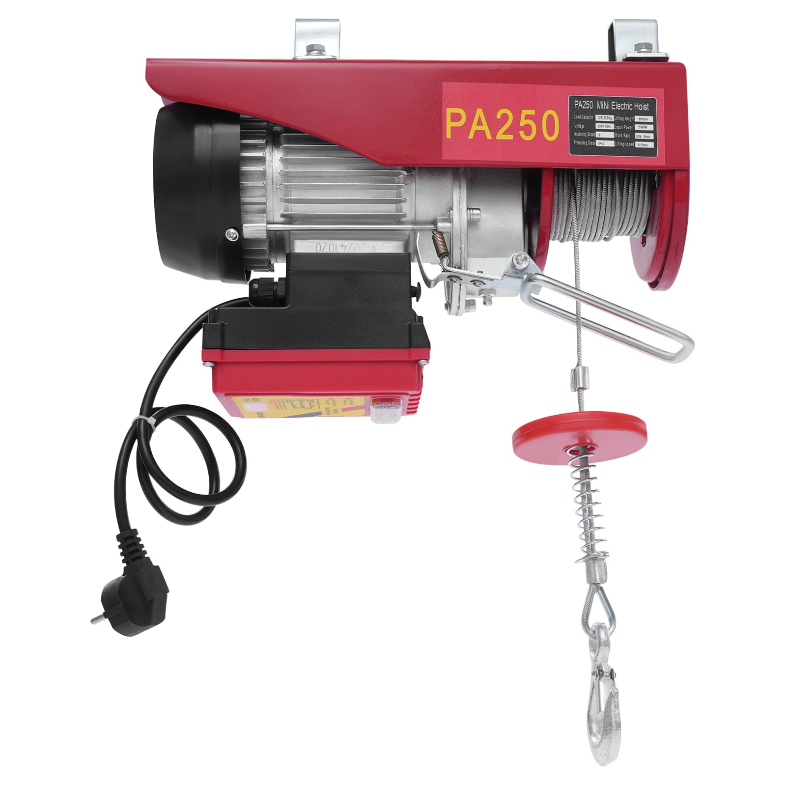 Verricello elettrico 250 kg – 12 m di altezza di sollevamento, cavo elettrico con braccio girevole e telecomando radio 550 W, rivestimento elettrico sicuro per garage cantieri e magazzini (supporto