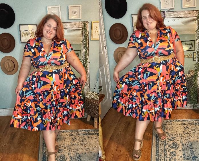 Image of CARCOS Plus Size Dresses for Curvy Women Collared Vneck Short Sleeve Dresses Midi Summer Ruffle Dress with Pocket XL-5XL