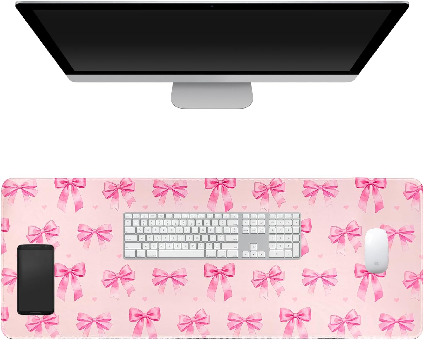 Pink Mouse Pad with Bow Pattern, 31.5×11.8in, Desk Decor (Pink)
