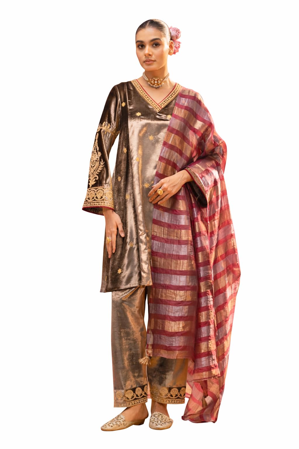 Ensemble Kurta brodé velours marron d'exception style indien chic S - 7