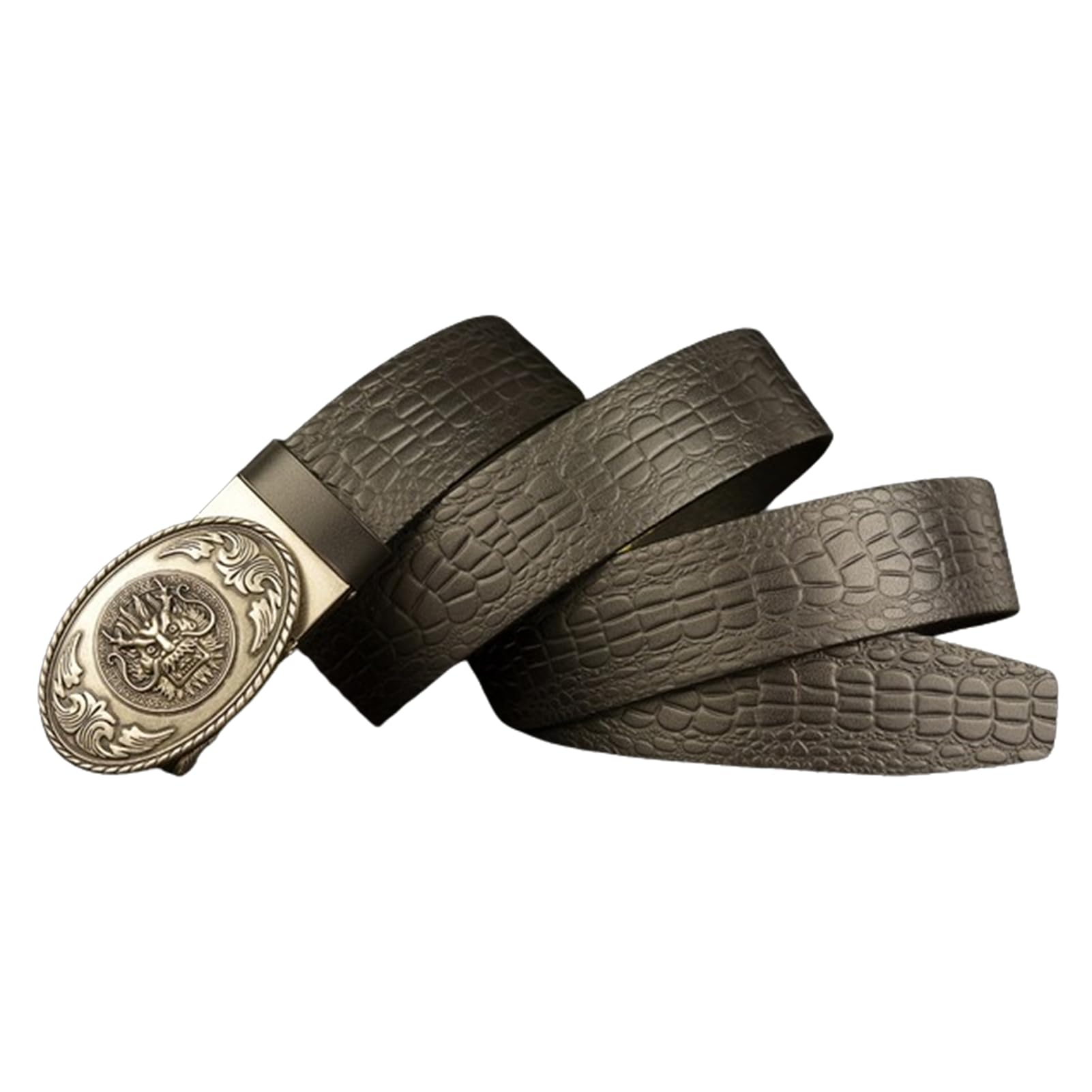 Cinturón De Cuero De Cocodrilo Repujado con Carraca con Cabeza De Dragón Plateada Hebilla Deslizante Automática Set De Regalo De Moda para Hombre(115cm/45, Black)