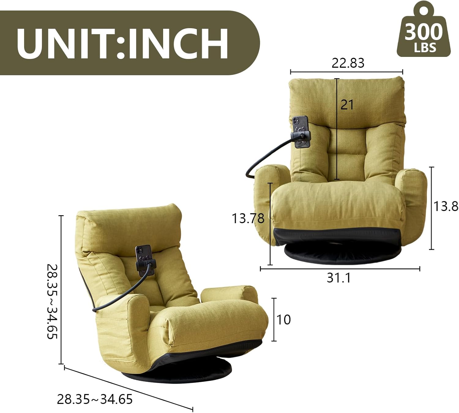 360° Swivel Gaming Floor Chair, 5 Position Adjustable Folding Sofa Chair with Armrests & Phone Holder, Cushion Padded Indoor Chaise Lounge for Adults, Home Office Floor Leisure Chairs, Green
