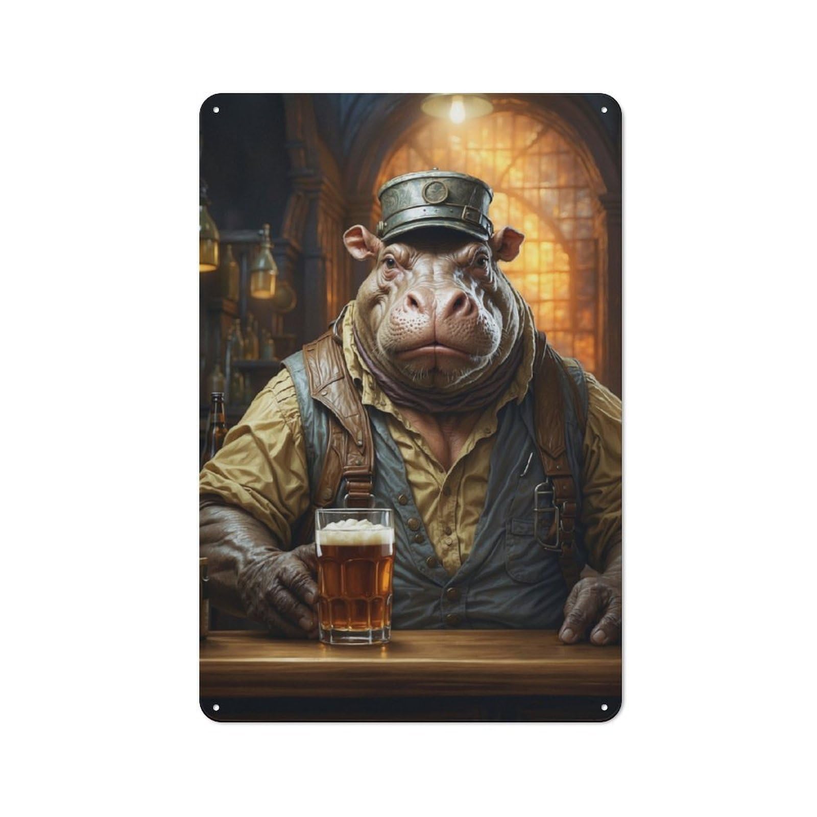 Steampunk Craft Beer Hippo Character Metal Wall Decor 30x20cm, Vintage Metal Sign for Home, Shop, Pub Or Studio Wall