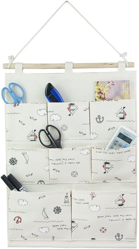 Tandi Linen/Cotton Fabric Wall Door Closet Hanging Storage Bag Case 8 Pockets Home Organizer(Sailing Boat)