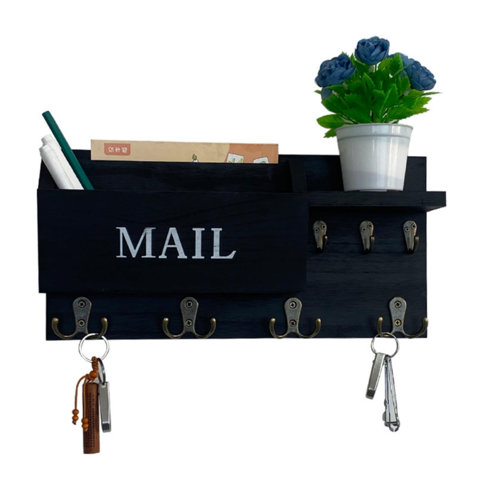 Tsophreniq Handcrafted Wooden Wall Hanging Mail Shelf with Storage Pockets and Hooks Mounted Letter Holder Mounted Mail Planner