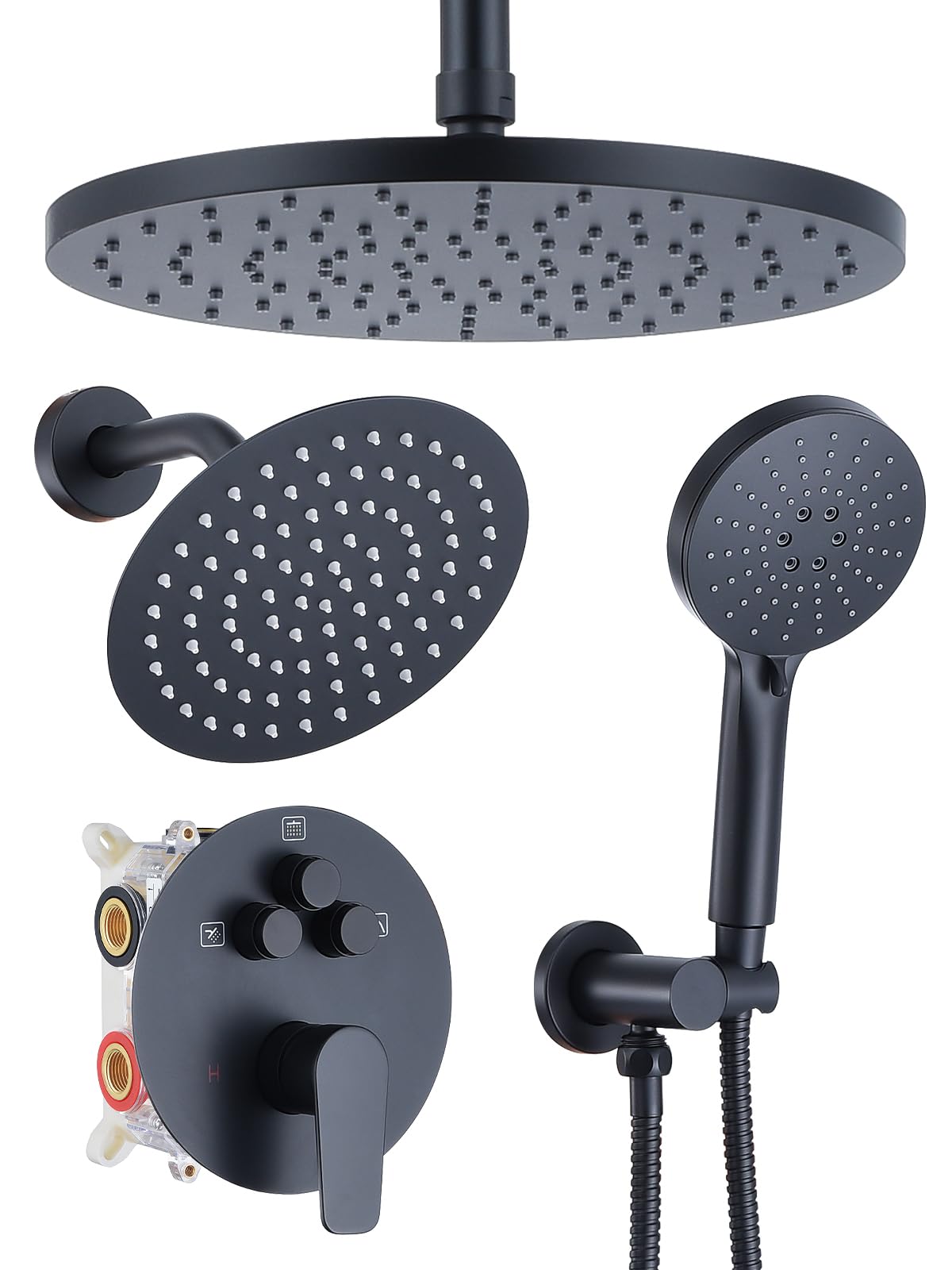 Woindo Shower Faucet Set 10" Rain Shower Head/8'' Side Shower Head and 3 Setting Handheld Ceiling Mount 3 Push Button Diverter Complete Rainfall Round Shower System Included Valve Trim Kit
