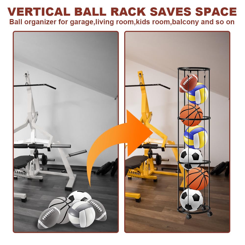 3 Tier Ballständer mit Rollen, Ball Aufbewahrung garage, Ballaufbewahrungskäfig-Ballhalter, Vertikales Ballaufbewahrungsregal, Garage Organizer für Sportgeräte Basketball Fußball Volleyball