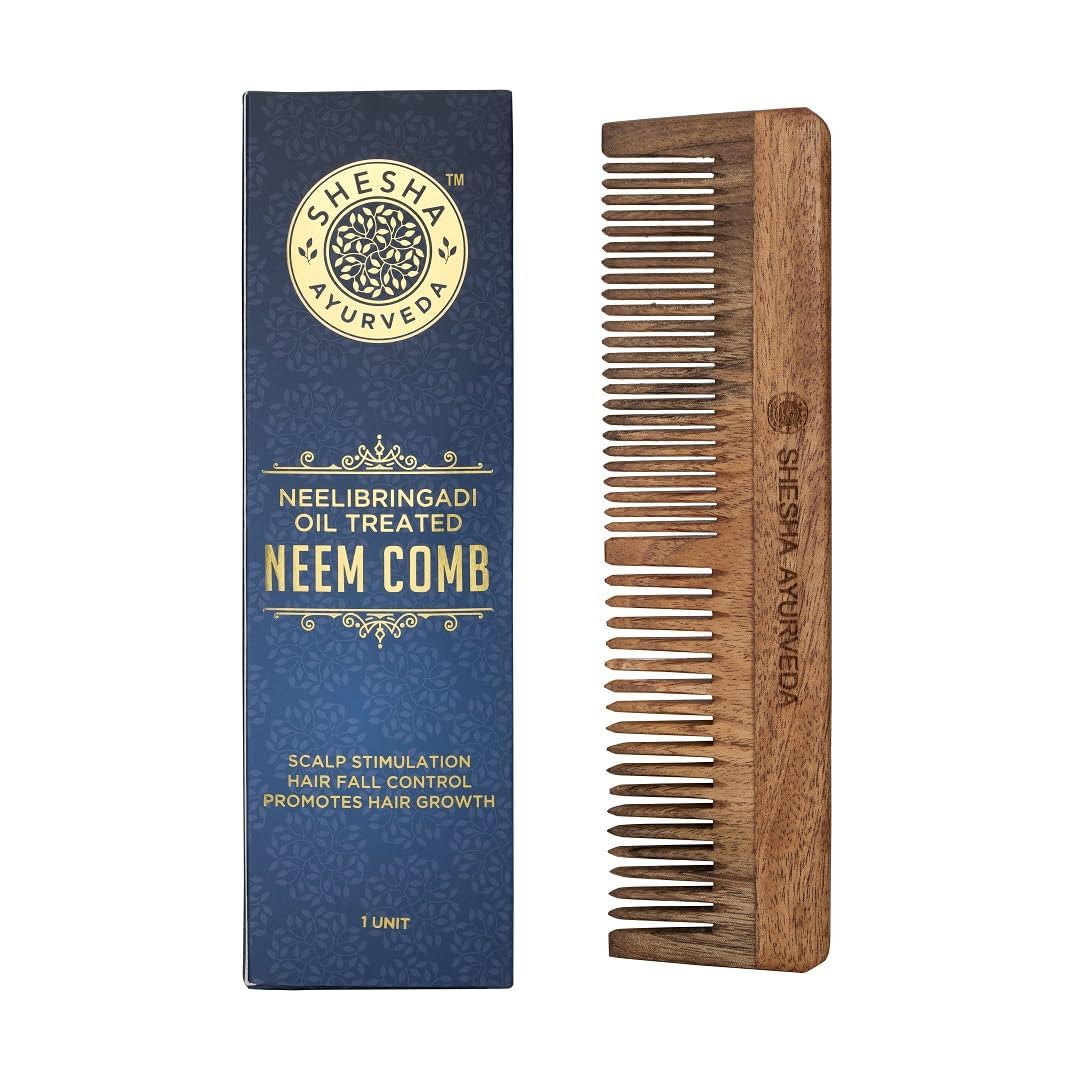 Shesha Ayurveda Neem Comb – Neelibringadi Oil Treated, Handmade Wide-Tooth Comb (Neem Comb)