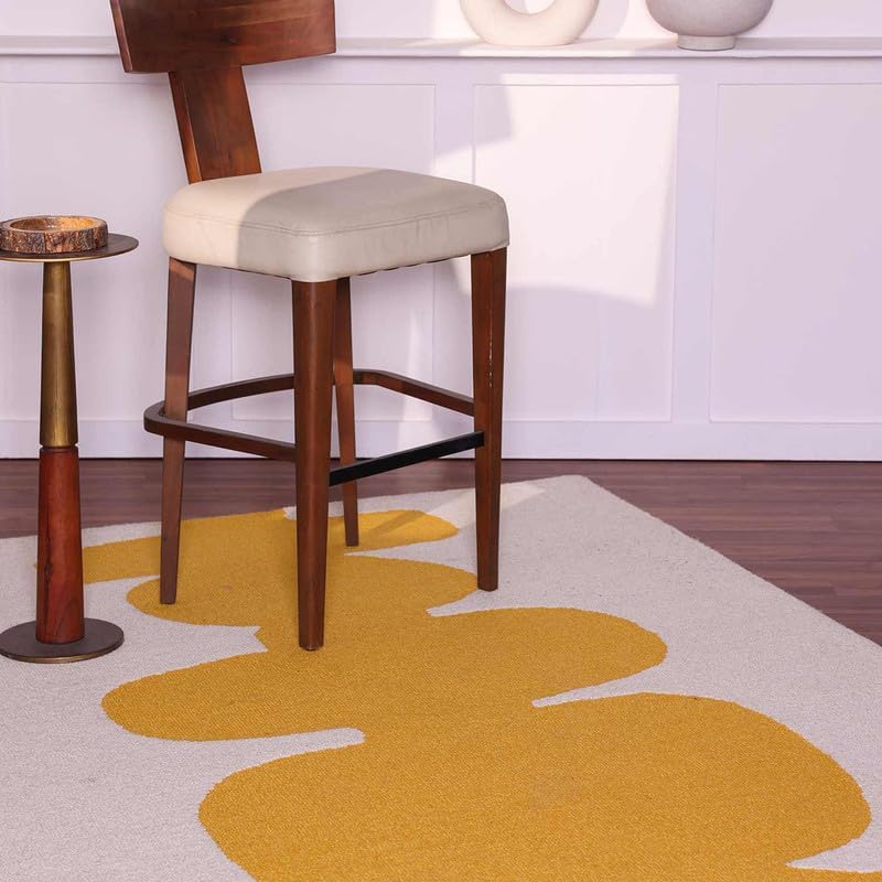 Modern Abstract Area Rug – Hand-Tufted Wool Carpet with Bold Mustard Yellow & White Geometric Design – Contemporary Floor Rug for Living Room, Bedroom & Office