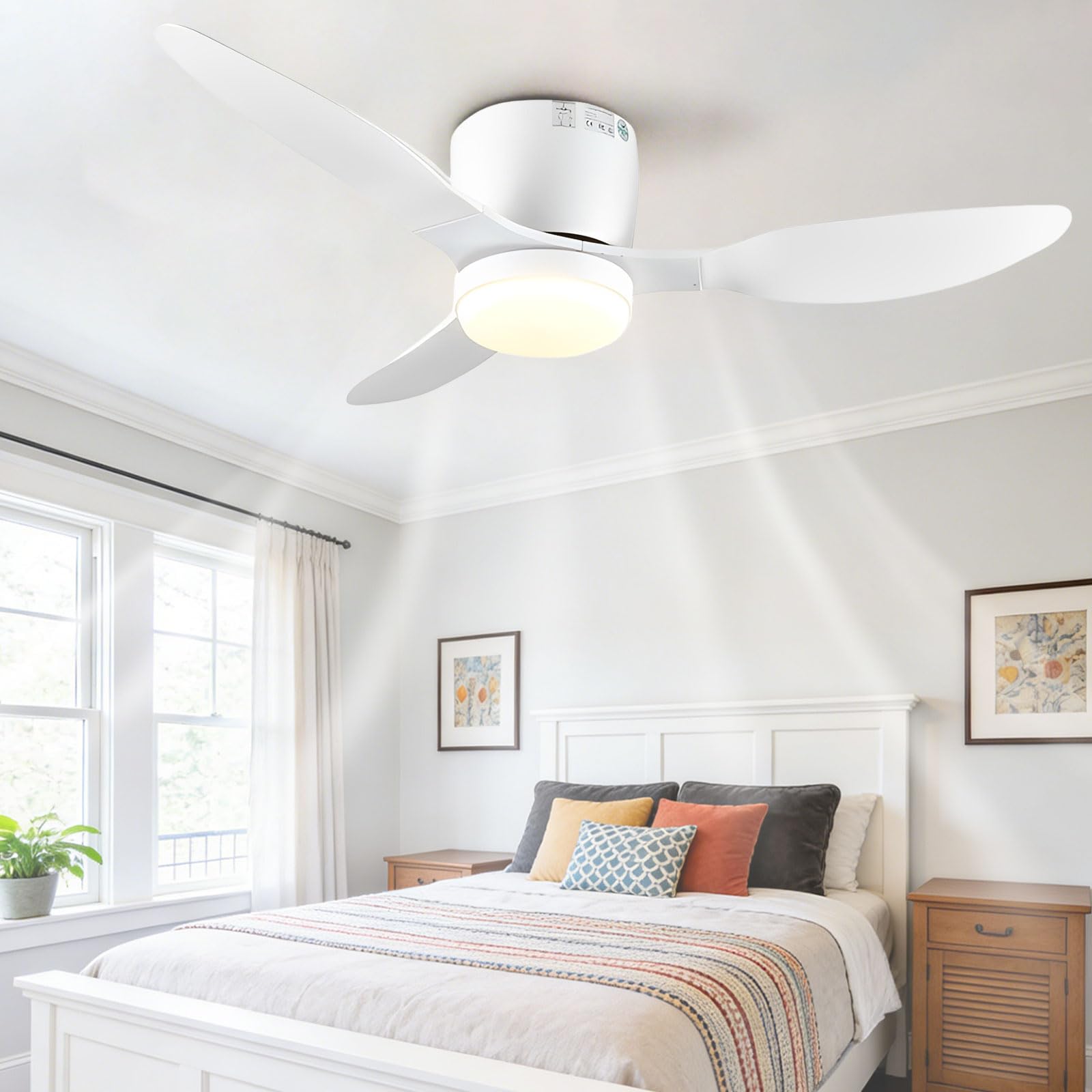 Ventilador de Techo Moderno Blanco con luz, silencioso, Regulable, LED, para Dormitorio, Comedor y Sala de Estar, Control Remoto Inteligente/App/Voz, 6 velocidades.