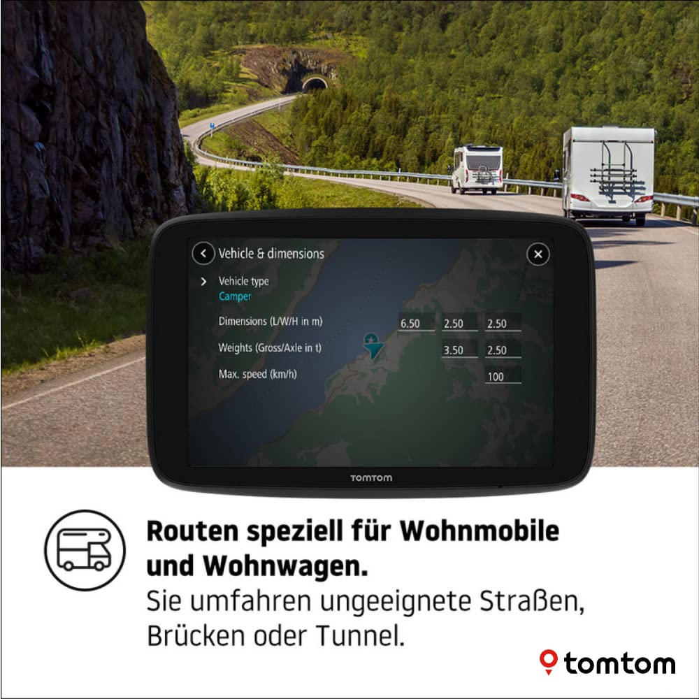Tomtom Camping Navi GO Camper Max (7 Zoll HD-Display, Sonderziele für Wohnmobil- und Wohnwagen, Updates über Wi-Fi, Stauvermeidung Dank Tomtom Traffic, Karten-Updates Welt)
