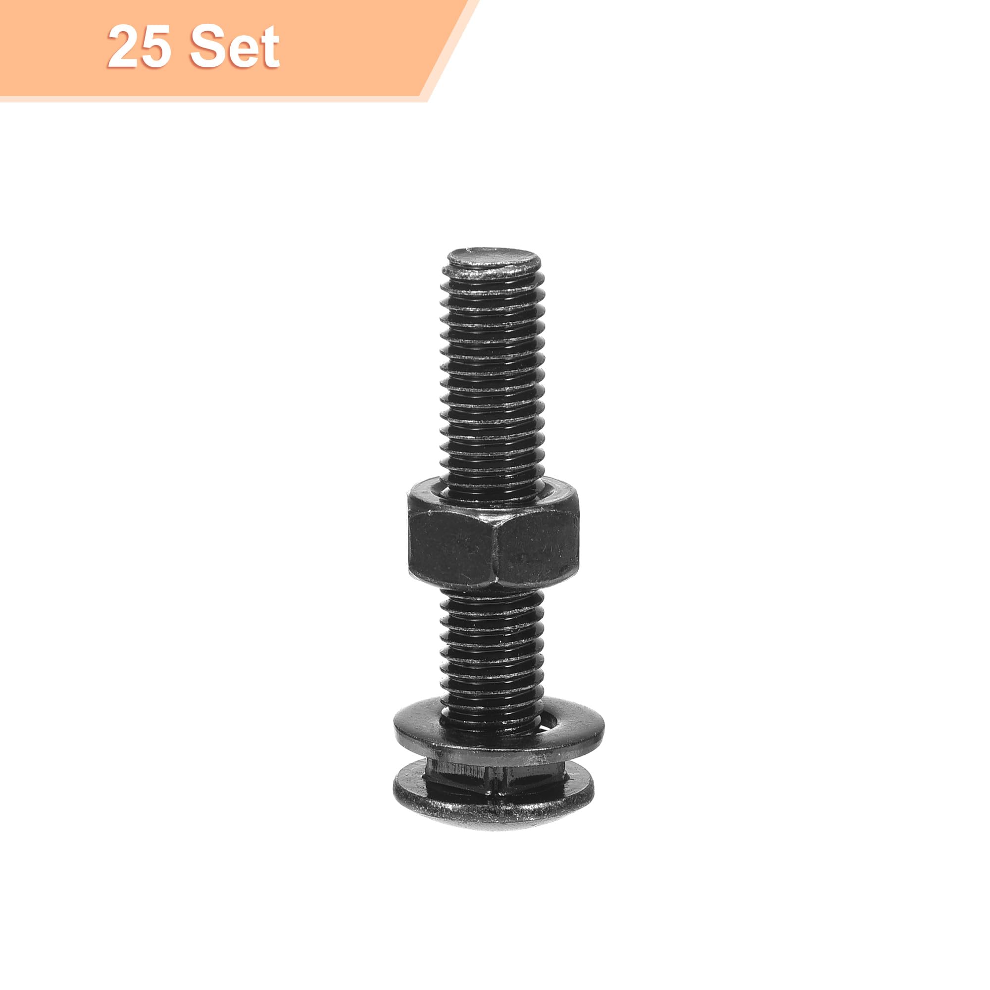QUARKZMAN Bulloni A Testa Tonda Con Collo Quadrato M10x50mm Con Dadi E Rondelle, 25Set 304 Acciaio Inossidabile Bulloni A Collo Quadrato, Nero