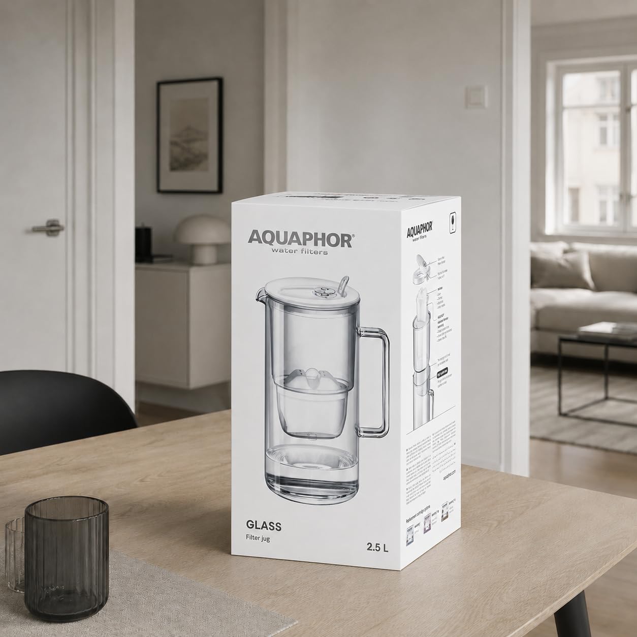 AQUAPHOR Glass – Wasserfilter Kanne aus robustem Glas, 2,5 l, inkl. 1× MAXFOR+ Filterkartusche, Weiß