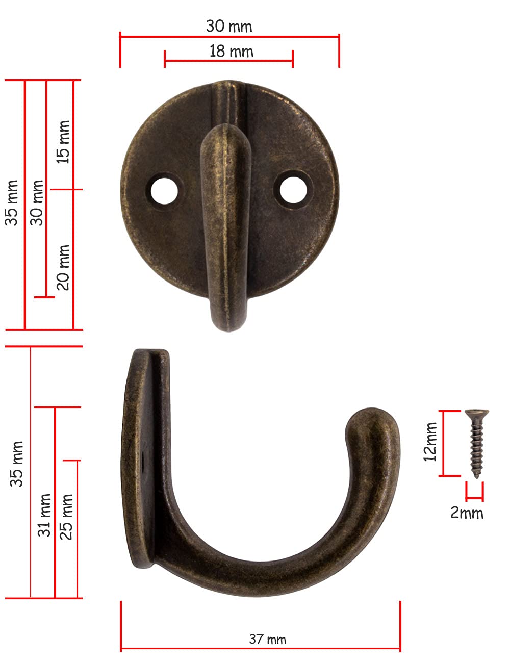 Ganci Appendiabiti In Metallo Massiccio Bronzo Antico - Set Di 5 Pezzi Per Parete, Asciugamani E Vestiti - Foto 3