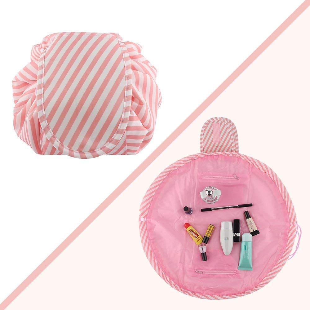 RRJ Women's Convenient and Waterproof Multifunction Portable Lazy Travel Cosmetic Storage Makeup Organizer Toiletry Bag with Drawstrings (Pink lining) 3