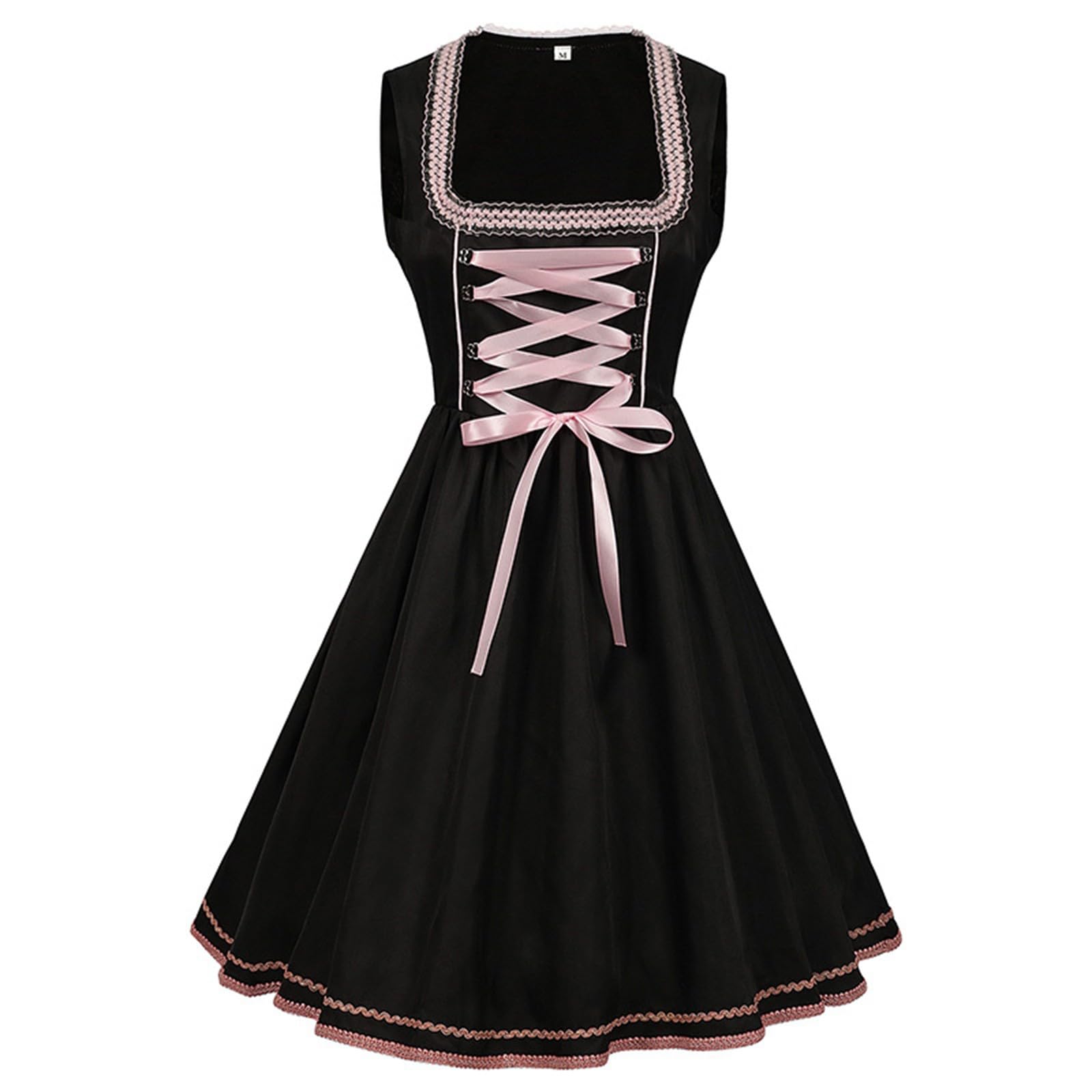 Dirndl Damen Midi, Trachtenkleid Ärmellos mit Bestickter Spitzenschürze und Satinbandschnürung, Elegantes Oktoberfest Kleid Traditionelles Wiesn Dirndl für Volksfest Trachtenparty