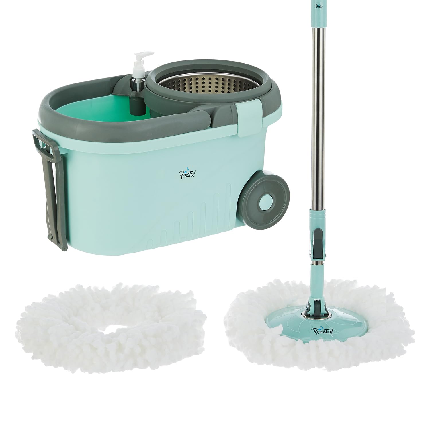 Amazon Brand – Presto! Clean Steel Spin Mop | Plastic & Stainless Steel | 2 Microfiber Refills | Big Wheels with Drag Handle | 360° Spin | Telescopic Handle | Green-image-41