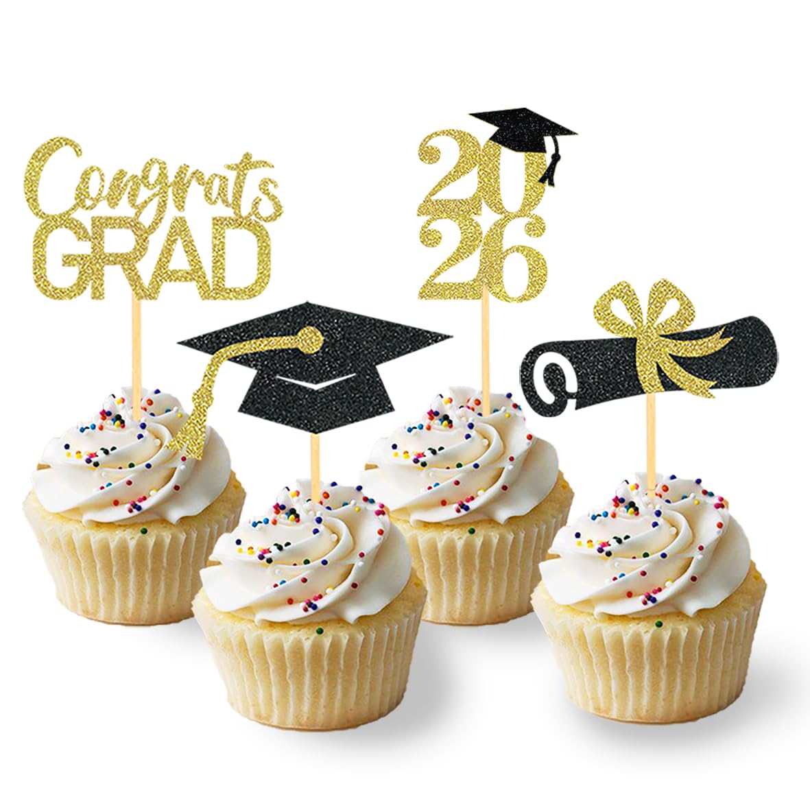 24Pcs Graduation Cupcake Toppers, Graduation Cupcake Picks for Cupcake Food Decorations - Class of 2026 Graduation Cupcake Toppers Supplies (Black & Gold-2026)