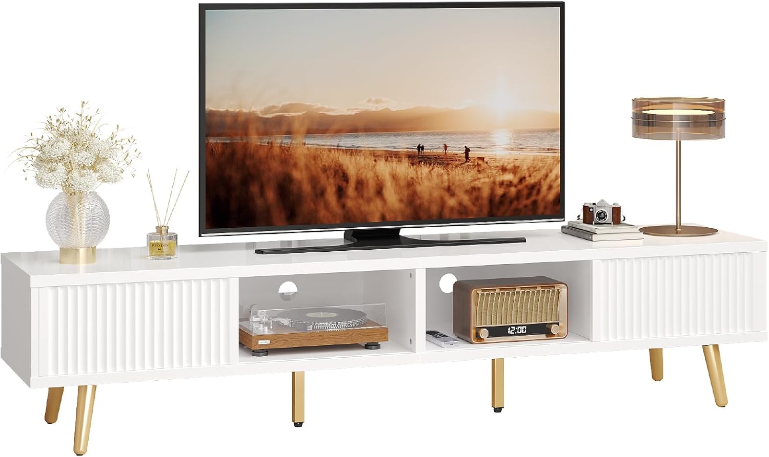 Bestier TV Stand for 75/80 inch TV, Low TV Stand with Fluted Sliding Doors, High Gloss Entertainment Center with Storage for Living Room, Cord Management, White and Gold