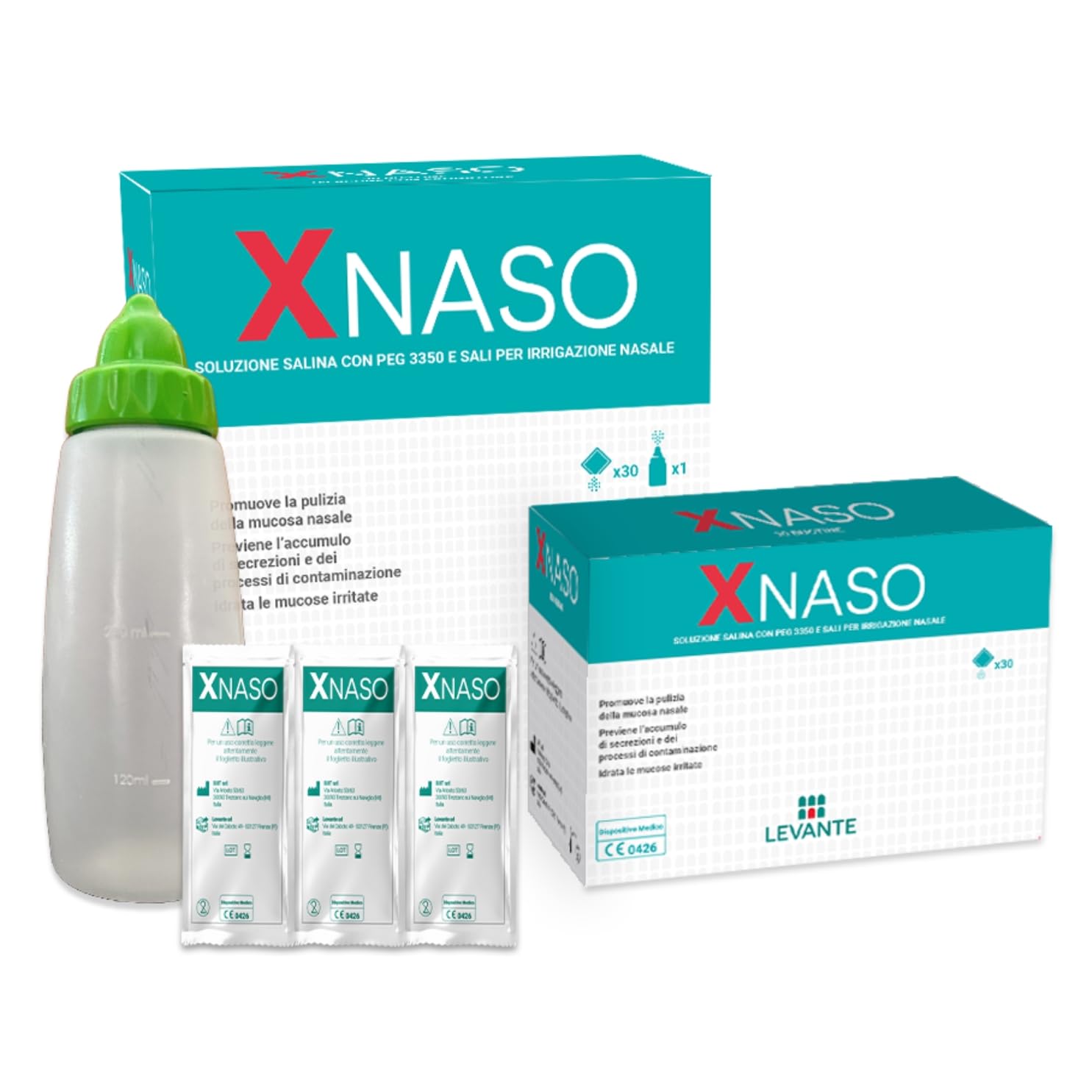 XNASO Lavaggio Nasale Adulti e Bambini 240ml+30 Bustine Soluzione Salina con PEG 3350 e Sali Minerali Irrigatore Nasale con Flacone Riutilizzabile Pulizia Naso Adulti e Lavaggi Nasali Bambini