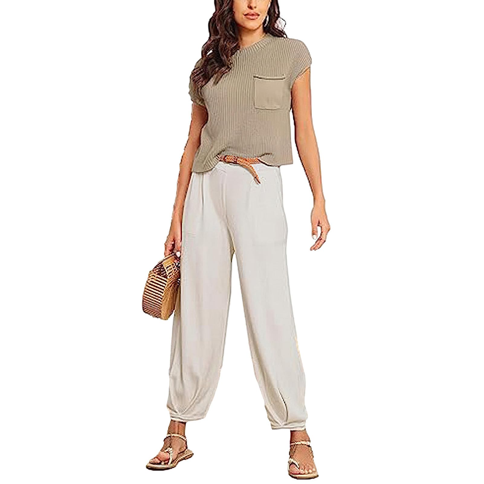 amropi Chándal de Mujer Conjuntos de Punto Jersey de Casual Manga Corta y Pantalón Jogging Lounge Set