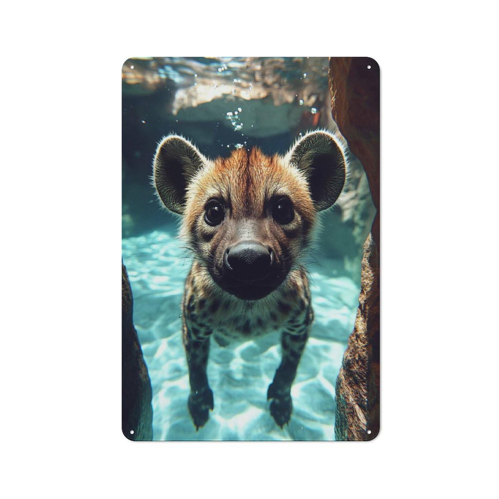 Junmoney Style-9 Tin Sign 30X20cm With Underwater Hyena Cub Portrait For Hallway Wall, Rustic Decor, For Vintage Wall Decor Fans, For Garage And Workshop Walls
