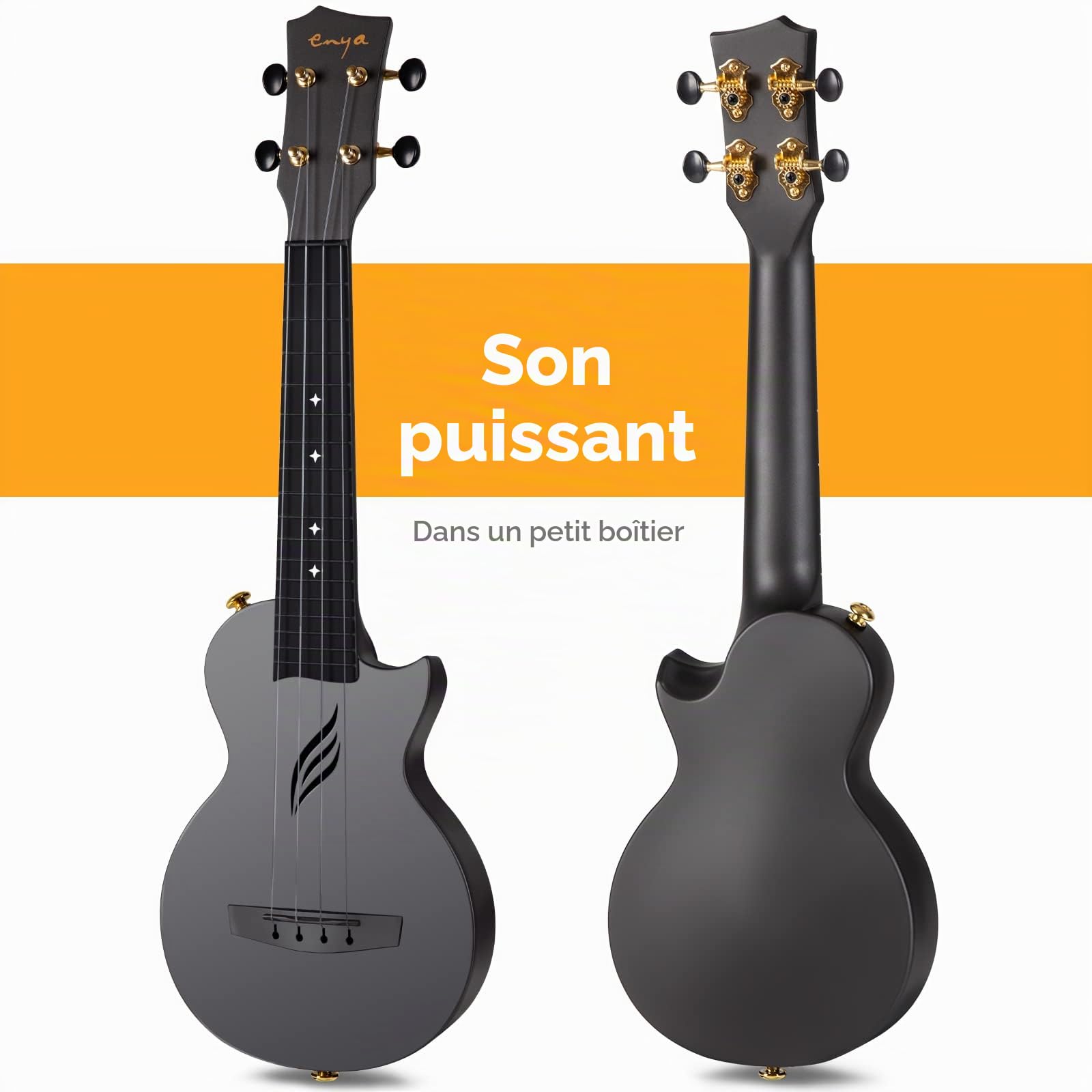 Enya Ukulele Soprano Nova U Mini Simple 21 Pouces – Ukulélé de voyage en fibre de carbone – avec Kit Débutant Comprenant étui, Sangle, Capodastre et Cordes (Noir)