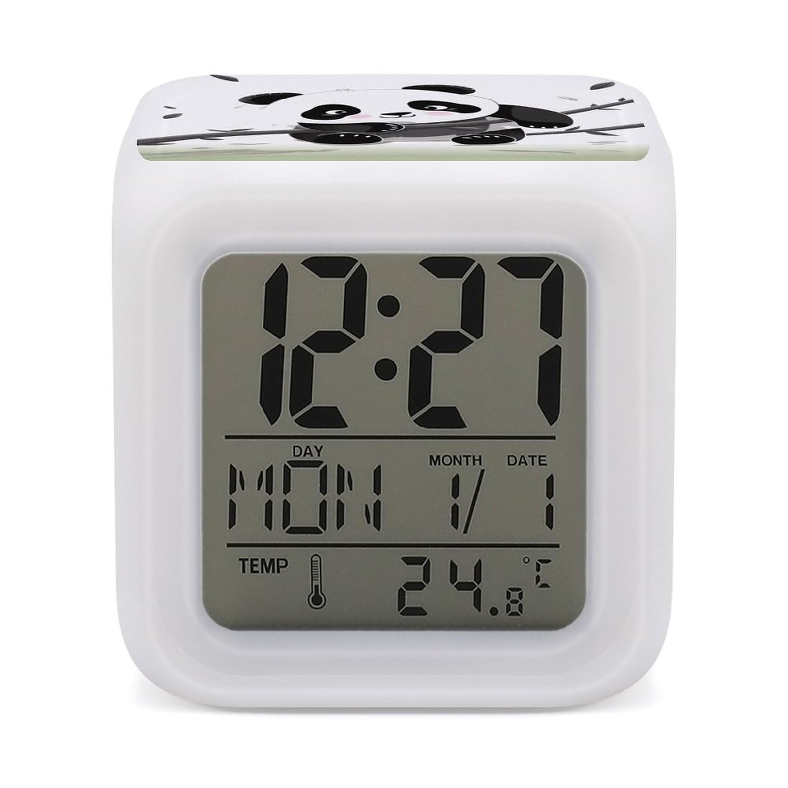 JTREHY 7 Color Changing LED Digital Alarm Clock,Cute Pandas Printed Wake-up Clock with Temperature Display Home Decoration Alarm Clock for Bedroom Office