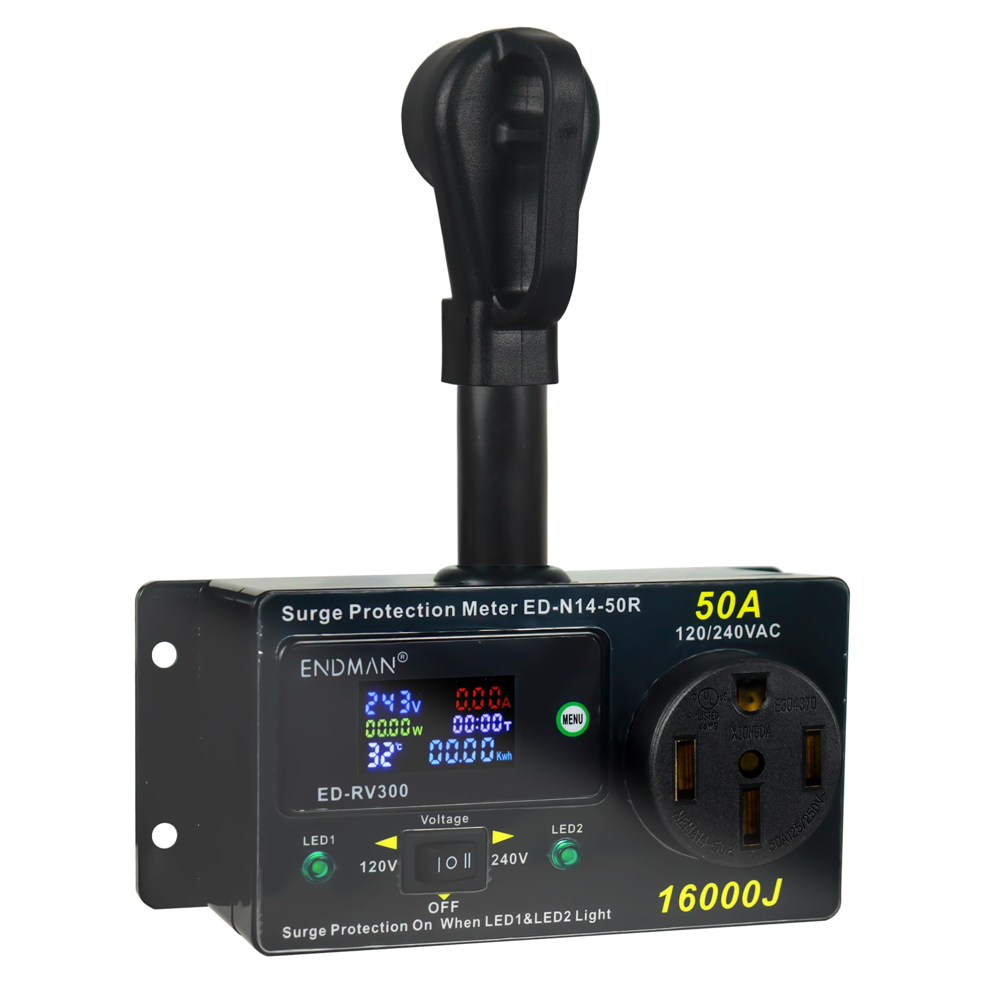 ENDMAN RV 50 Amp Surge Protector AC Power Meter,16000Joules 240V NEMA 14-50P LCD Dispaly KWH,Voltage Monitor with LED Display,10AWG Cable