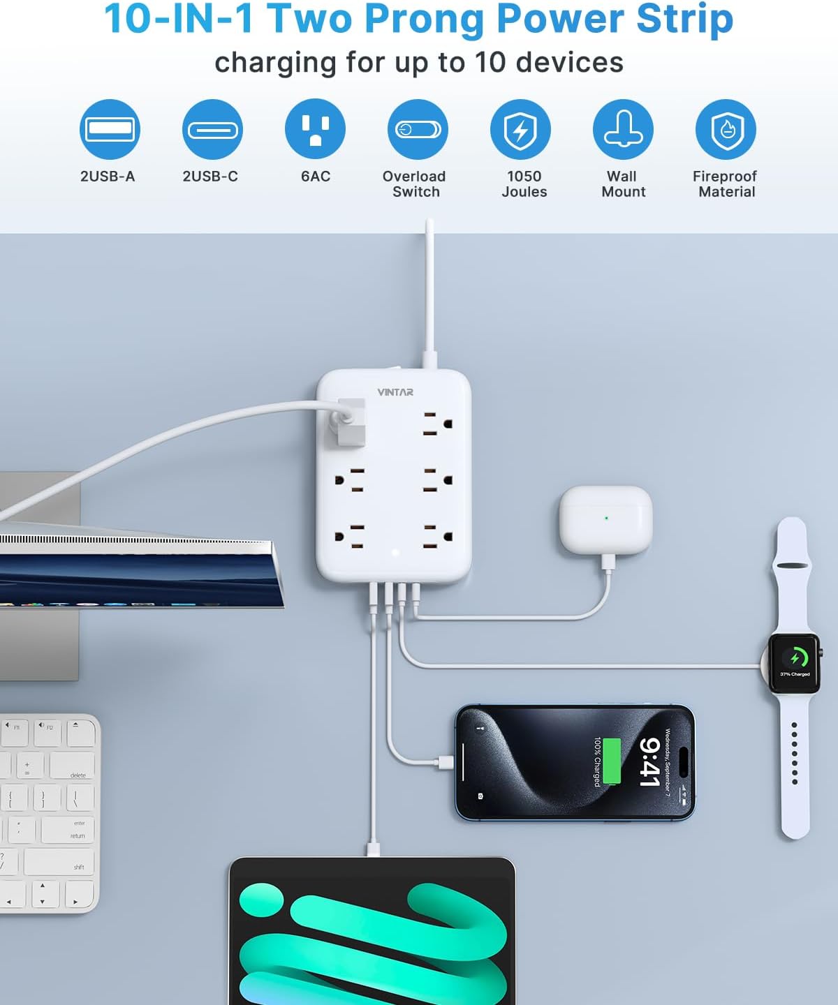 2 Prong Power Strip, VINTAR 2 Prong to 3 Prong Outlet Adapter, 6ft Extension Cord with 6 Outlets & 4 USB(2 USB-C), Two Prong Surge Protector, Flat Polarized Plug Wall Mount for Non-Grounded Outlet
