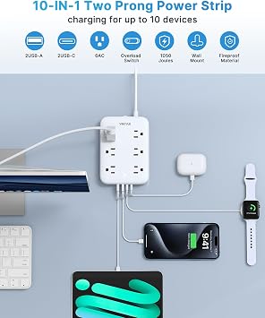 2 Prong Power Strip, VINTAR 2 Prong to 3 Prong Outlet Adapter, 6ft Extension Cord with 6 Outlets & 4 USB(2 USB-C), Two Prong Surge Protector, Flat Polarized Plug Wall Mount for Non-Grounded Outlet