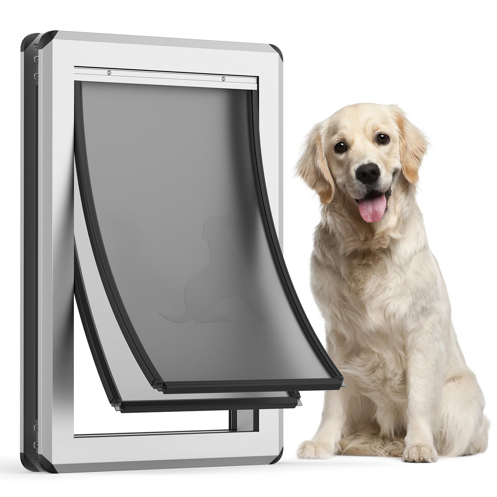 Parab House Large Full Enclosed Magnetic Flaps Dog Door, Rustproof Aluminum Alloy Frame, Extreme Weather Resistant Heavy Duty Pet Door, Supports Pets Up to 100 Lbs (Slivery)